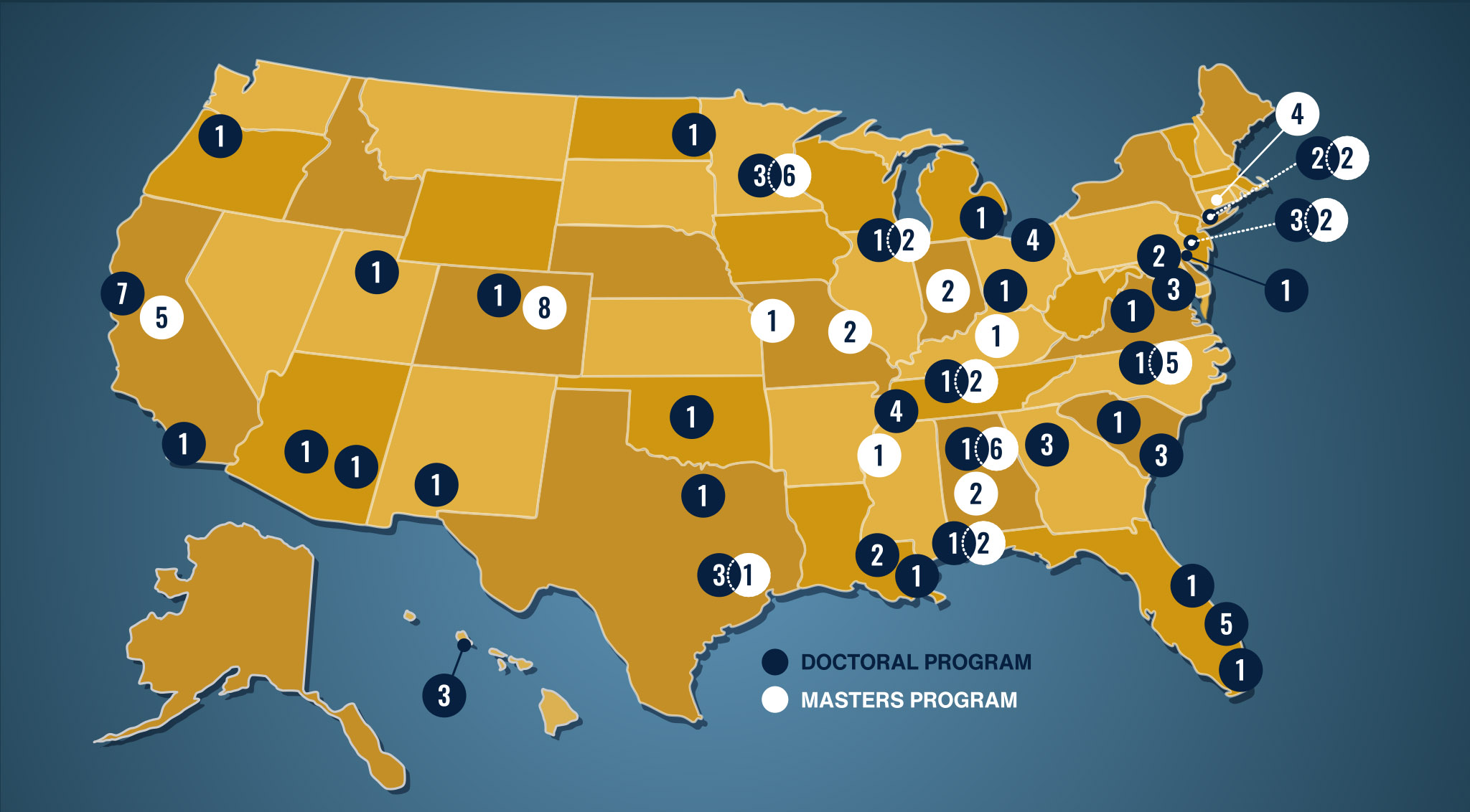 Map of the United States, with dots showing number of MFP/ANA Graduates around the country